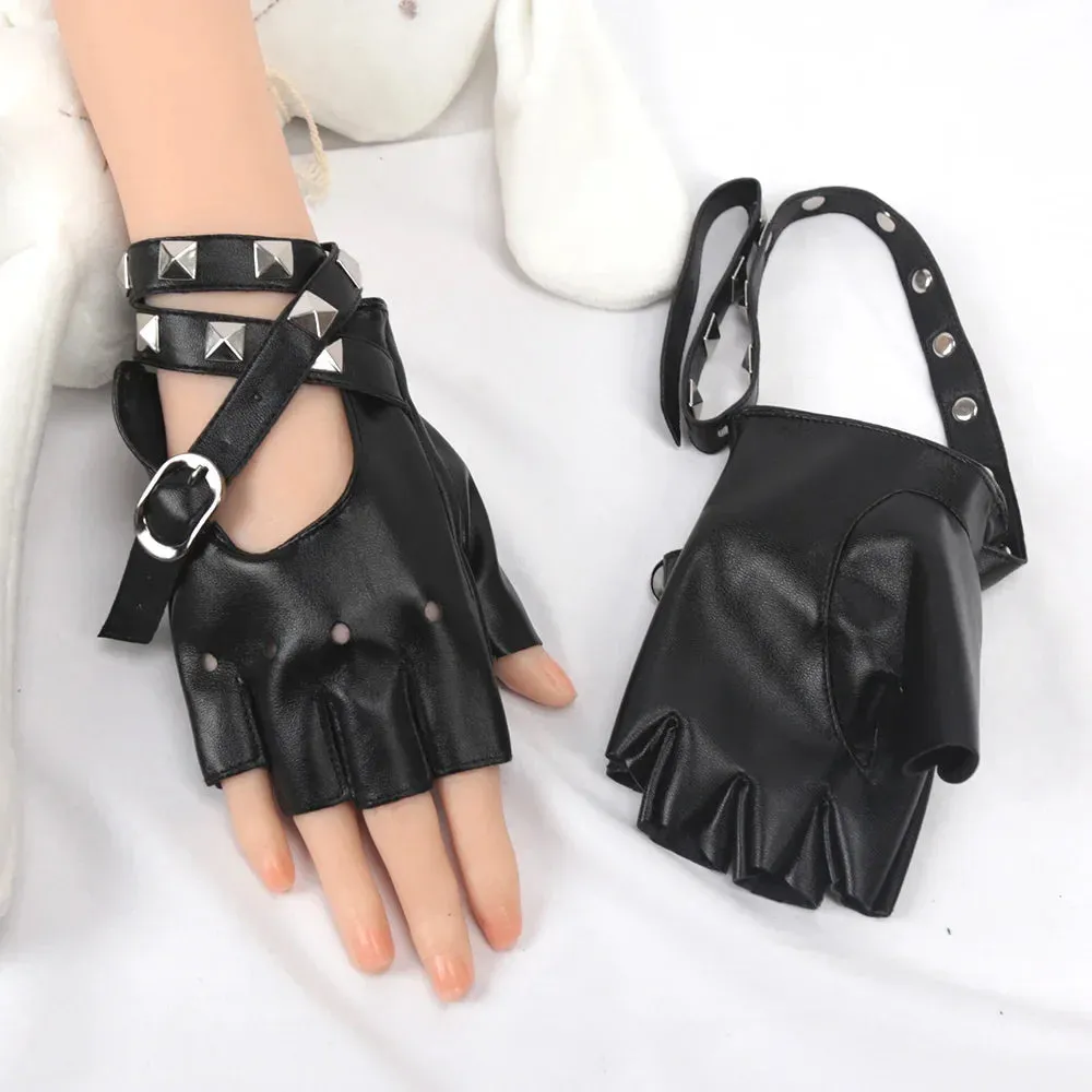 1 Pair Black Women Punk Short Synthetic Leather Gloves Half Finger Fingerless Gloves Fashion Lady Handsome Gloves