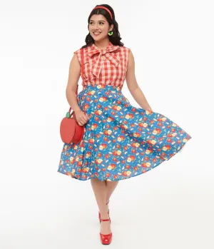 1950s Blue & Red Apple Print Swing Skirt