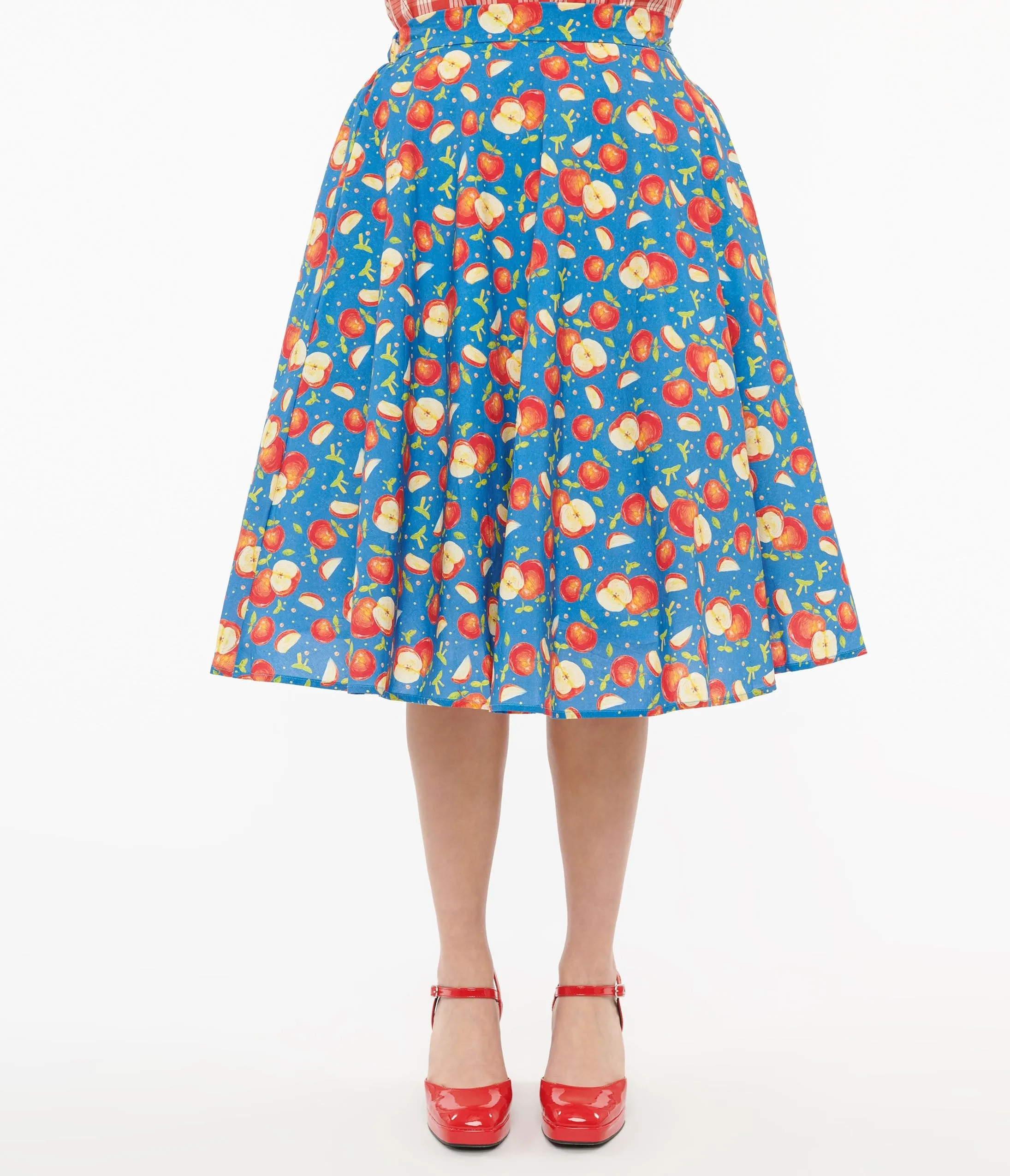 1950s Blue & Red Apple Print Swing Skirt