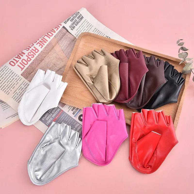 1pair Women Fashion PU Leather Half Finger Gloves Cool Goth Punk Rock Hollow Fingerless Gloves Boy Gloves For Fitness