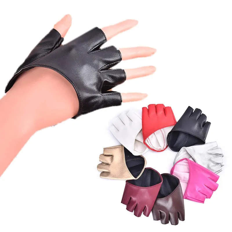 1pair Women Fashion PU Leather Half Finger Gloves Cool Goth Punk Rock Hollow Fingerless Gloves Boy Gloves For Fitness