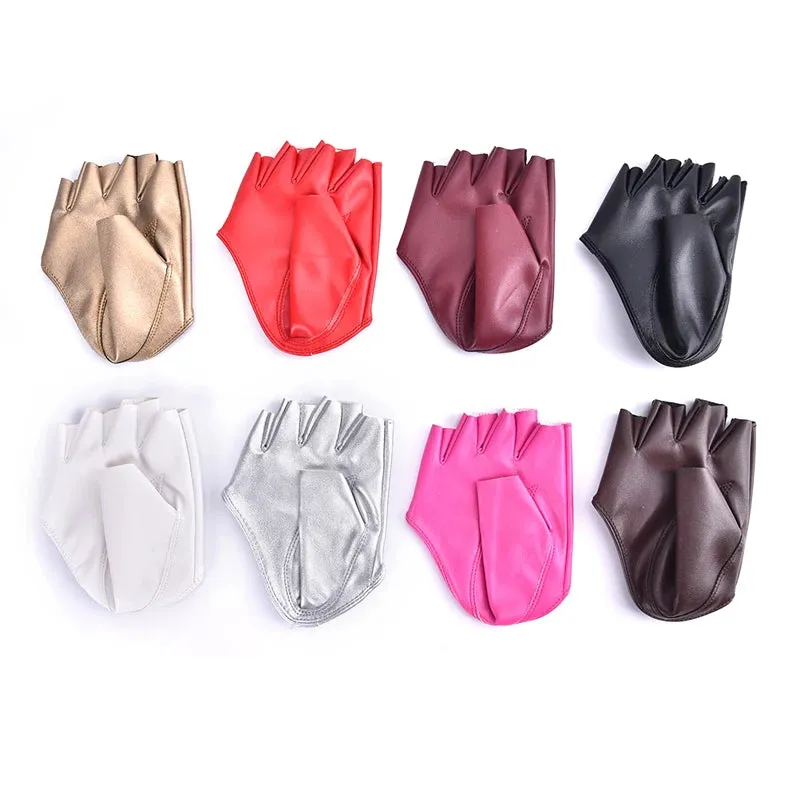 1pair Women Fashion PU Leather Half Finger Gloves Cool Goth Punk Rock Hollow Fingerless Gloves Boy Gloves For Fitness