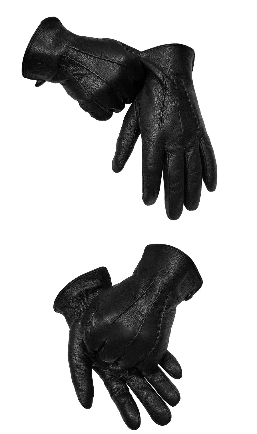 2024 New Winter Men's Leather Gloves Warm Soft Black Sewing Wavy Design Touch Screen Buckskin Gloves Imitate Wool Lining