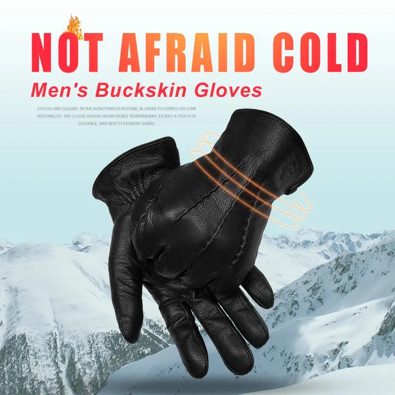 2024 New Winter Men's Leather Gloves Warm Soft Black Sewing Wavy Design Touch Screen Buckskin Gloves Imitate Wool Lining