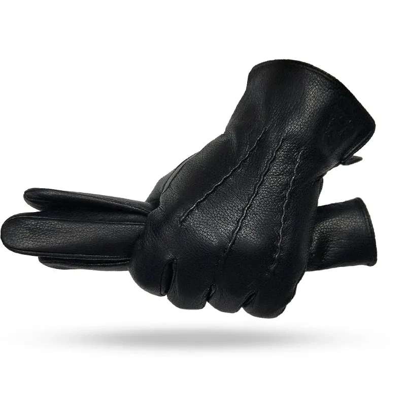 2024 New Winter Men's Leather Gloves Warm Soft Black Sewing Wavy Design Touch Screen Buckskin Gloves Imitate Wool Lining