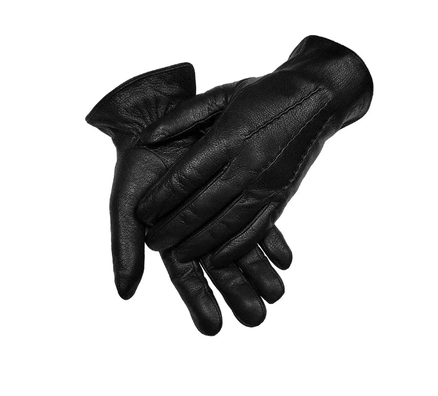 2024 New Winter Men's Leather Gloves Warm Soft Black Sewing Wavy Design Touch Screen Buckskin Gloves Imitate Wool Lining