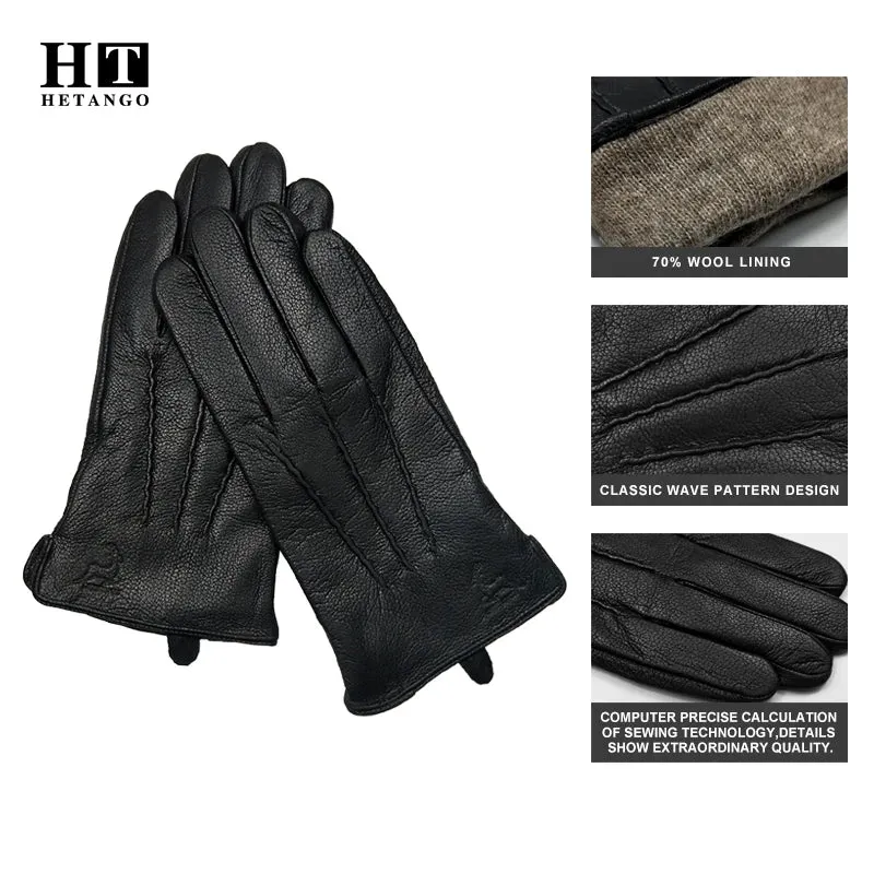 2024 New Winter Men's Leather Gloves Warm Soft Black Sewing Wavy Design Touch Screen Buckskin Gloves Imitate Wool Lining