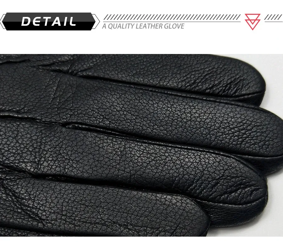 2024 New Winter Men's Leather Gloves Warm Soft Black Sewing Wavy Design Touch Screen Buckskin Gloves Imitate Wool Lining