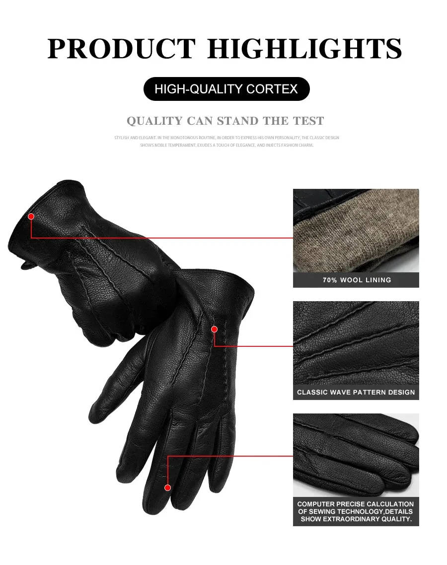 2024 New Winter Men's Leather Gloves Warm Soft Black Sewing Wavy Design Touch Screen Buckskin Gloves Imitate Wool Lining