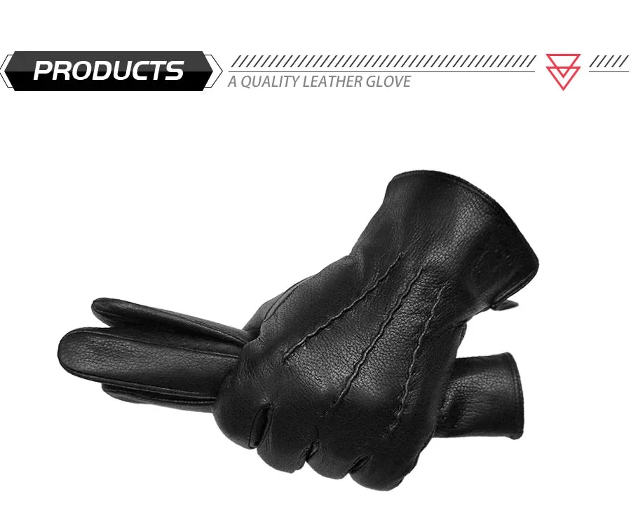 2024 New Winter Men's Leather Gloves Warm Soft Black Sewing Wavy Design Touch Screen Buckskin Gloves Imitate Wool Lining