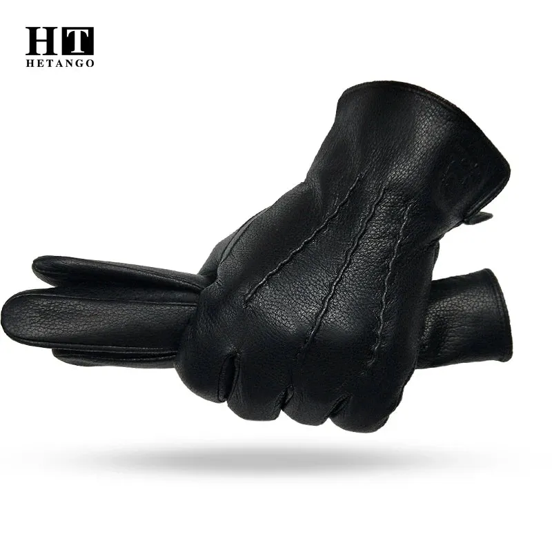 2024 New Winter Men's Leather Gloves Warm Soft Black Sewing Wavy Design Touch Screen Buckskin Gloves Imitate Wool Lining