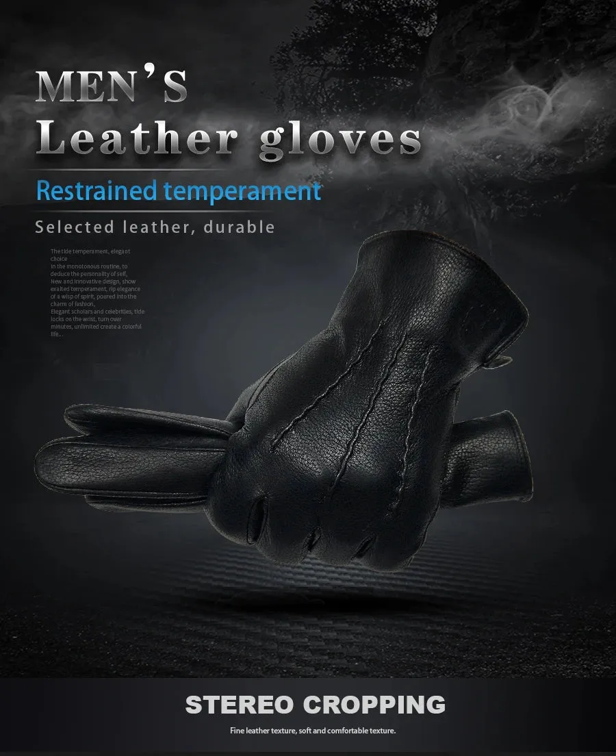 2024 New Winter Men's Leather Gloves Warm Soft Black Sewing Wavy Design Touch Screen Buckskin Gloves Imitate Wool Lining