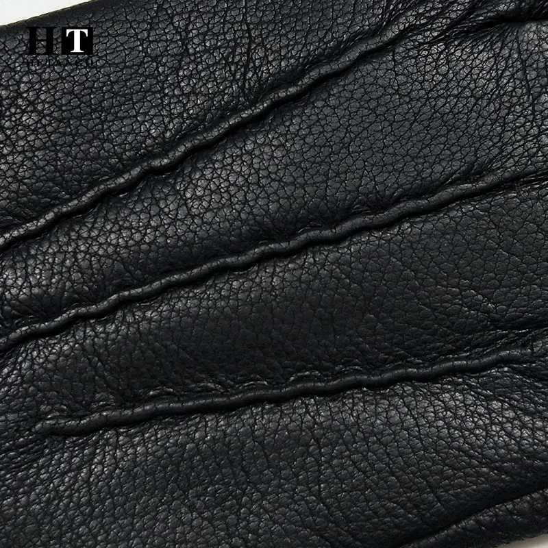 2024 New Winter Men's Leather Gloves Warm Soft Black Sewing Wavy Design Touch Screen Buckskin Gloves Imitate Wool Lining