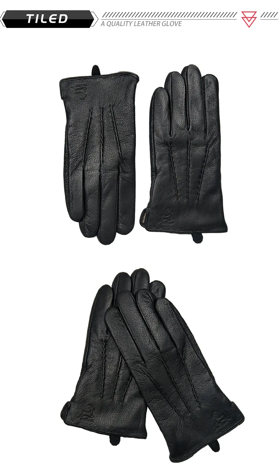 2024 New Winter Men's Leather Gloves Warm Soft Black Sewing Wavy Design Touch Screen Buckskin Gloves Imitate Wool Lining