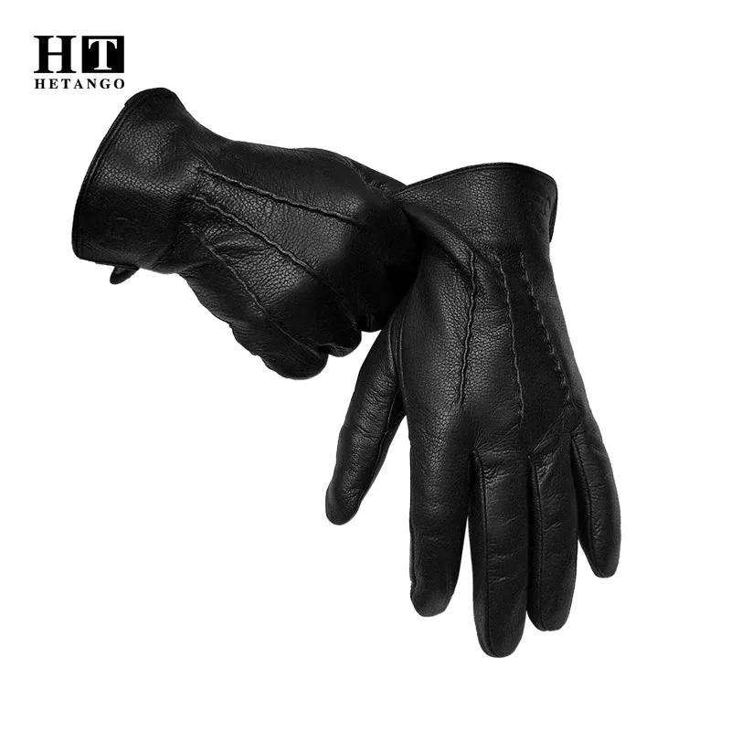 2024 New Winter Men's Leather Gloves Warm Soft Black Sewing Wavy Design Touch Screen Buckskin Gloves Imitate Wool Lining