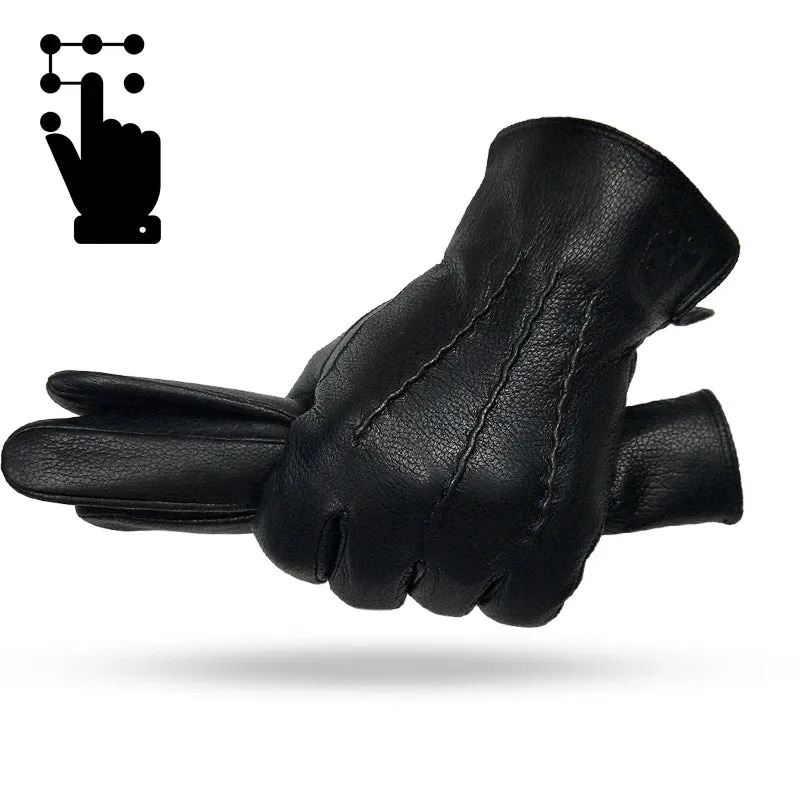 2024 New Winter Men's Leather Gloves Warm Soft Black Sewing Wavy Design Touch Screen Buckskin Gloves Imitate Wool Lining