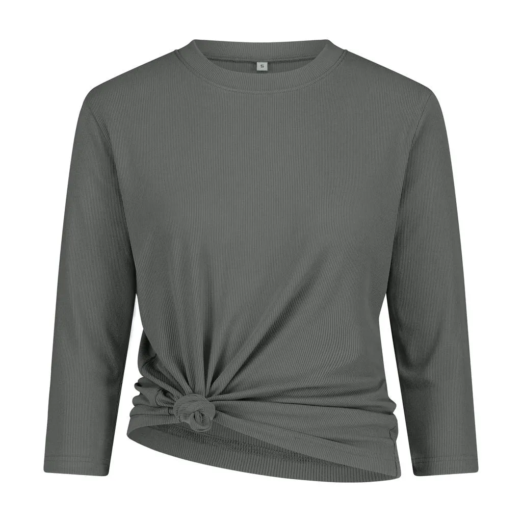 3-4 Sleeve Ribbed Crew Neck Tee- Eucalyptus