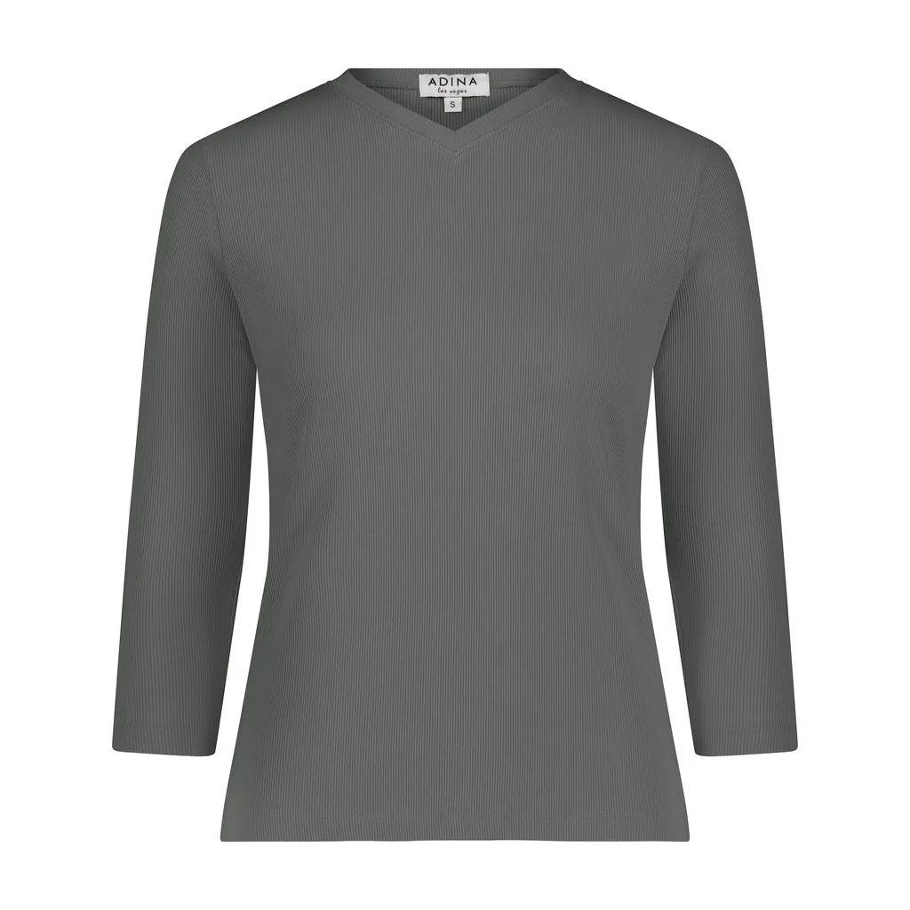 3-4 Sleeve Ribbed V Neck Tee- Eucalyptus