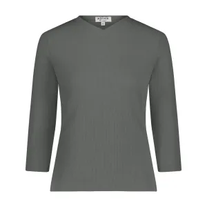 3-4 Sleeve Ribbed V Neck Tee- Eucalyptus