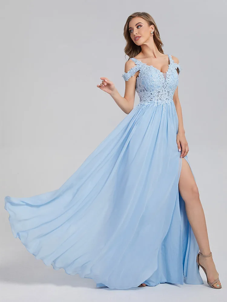 A-Line Off the Shoulder Appliques Chiffon Prom Dresses