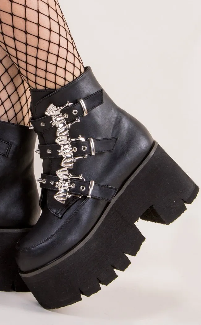 ASHES-55 Black Vegan Leather Bat Buckle Platform Ankle Boots