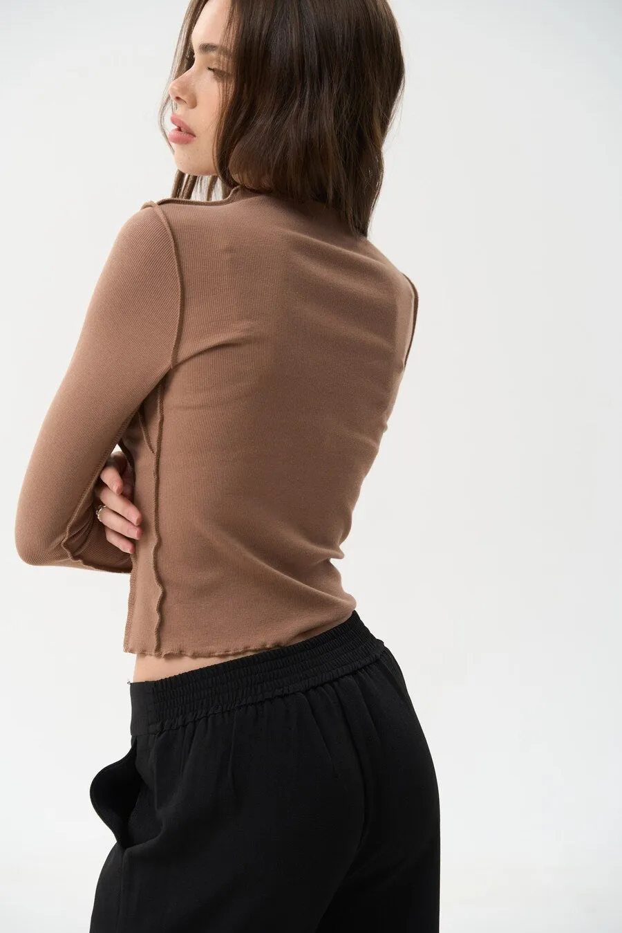 Beige Long Sleeve Top with Reversed Seams