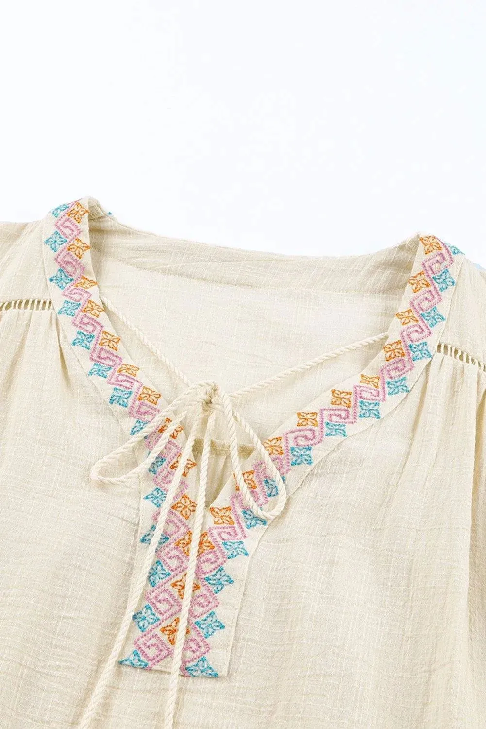 Beige Tassel Drawstring Embroidered Half Sleeve V Neck Top