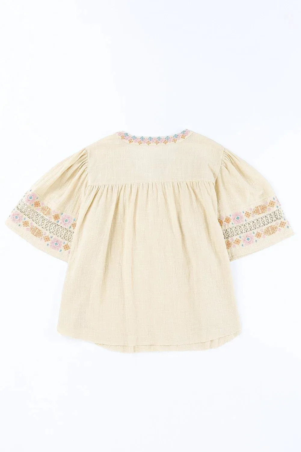 Beige Tassel Drawstring Embroidered Half Sleeve V Neck Top