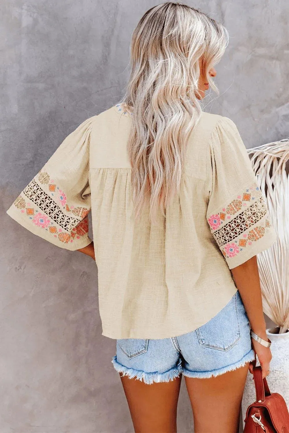 Beige Tassel Drawstring Embroidered Half Sleeve V Neck Top