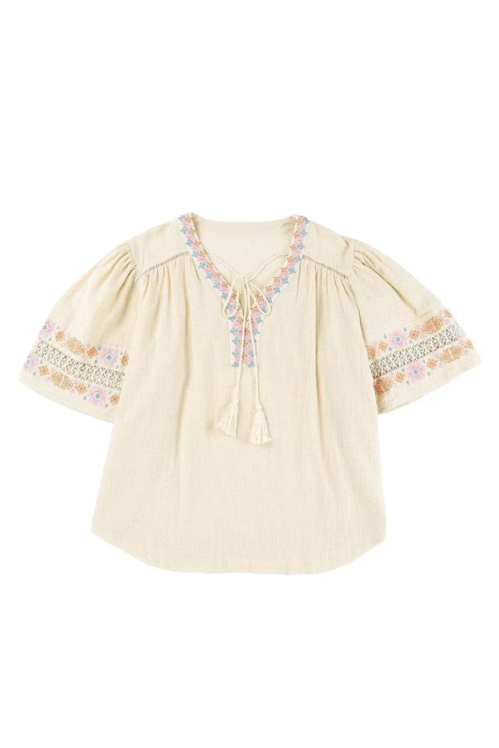 Beige Tassel Drawstring Embroidered Half Sleeve V Neck Top