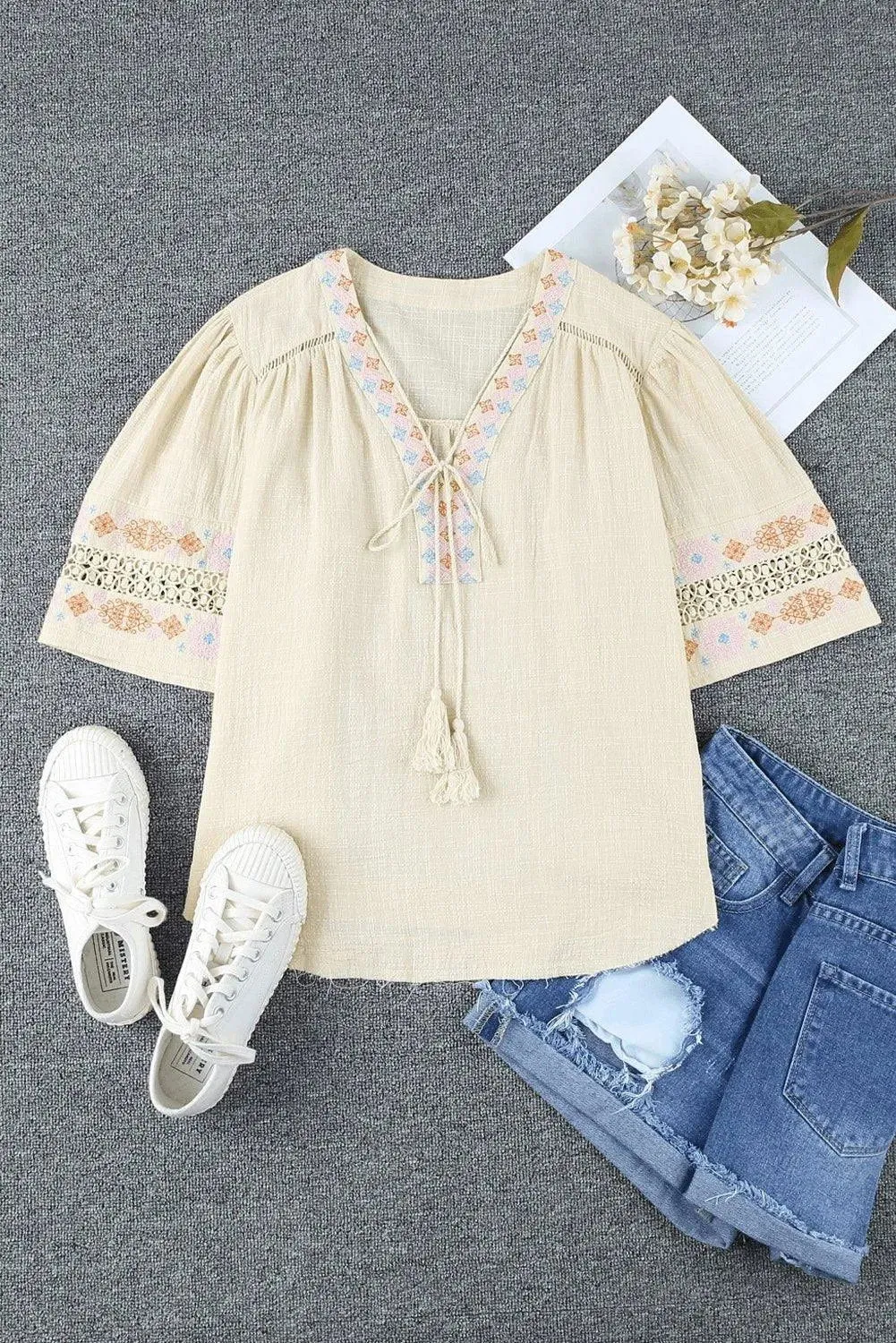 Beige Tassel Drawstring Embroidered Half Sleeve V Neck Top