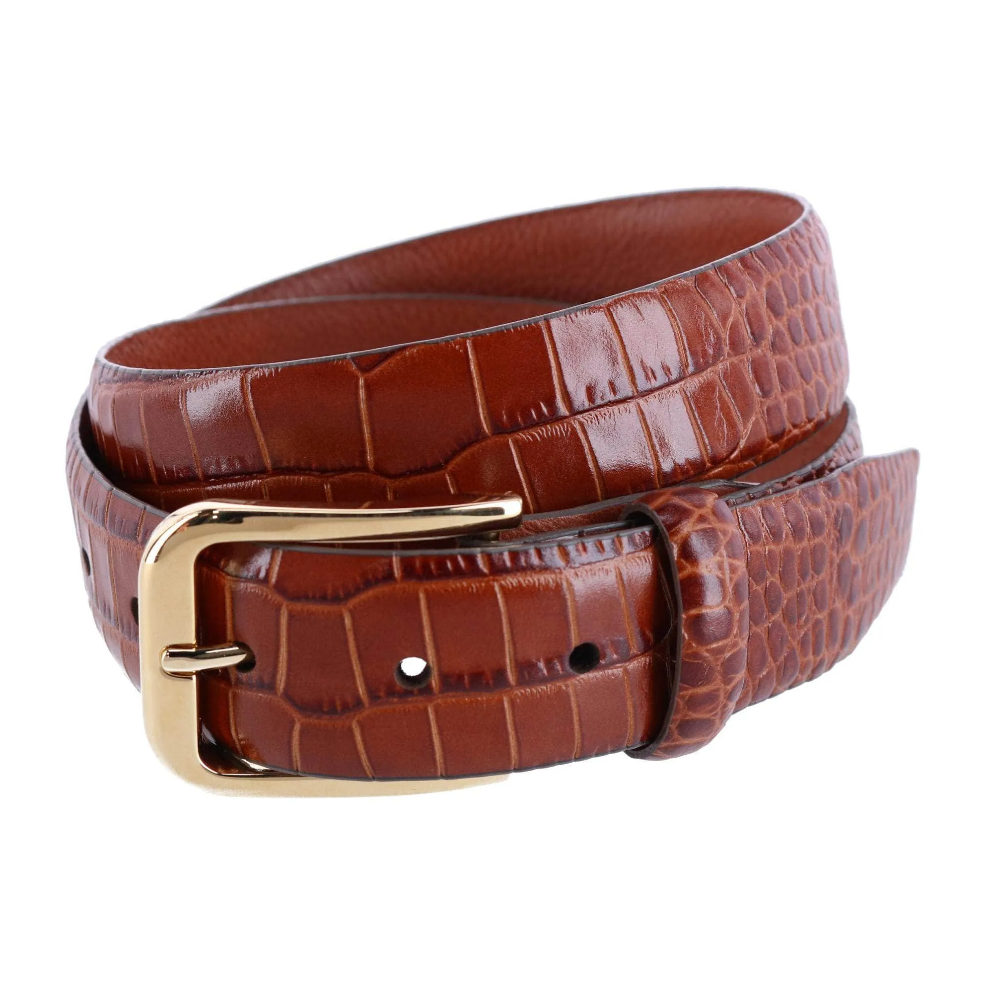 Big & Tall Leather Mock Crocodile Print Belt with Gold Buckle