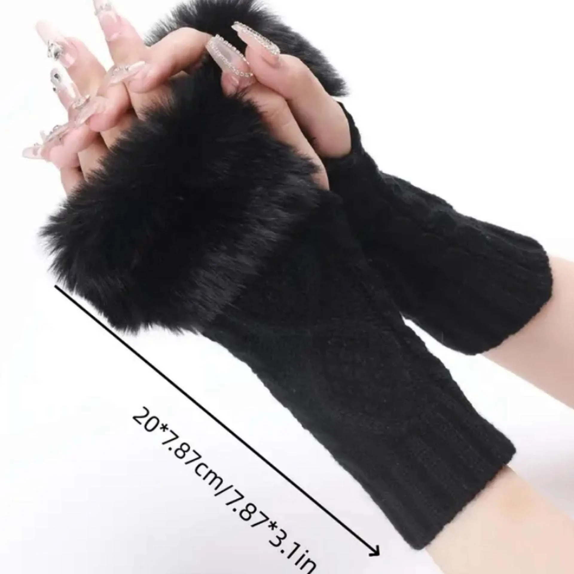 Black Fur Trimmed Cable Knit Fingerless Gloves