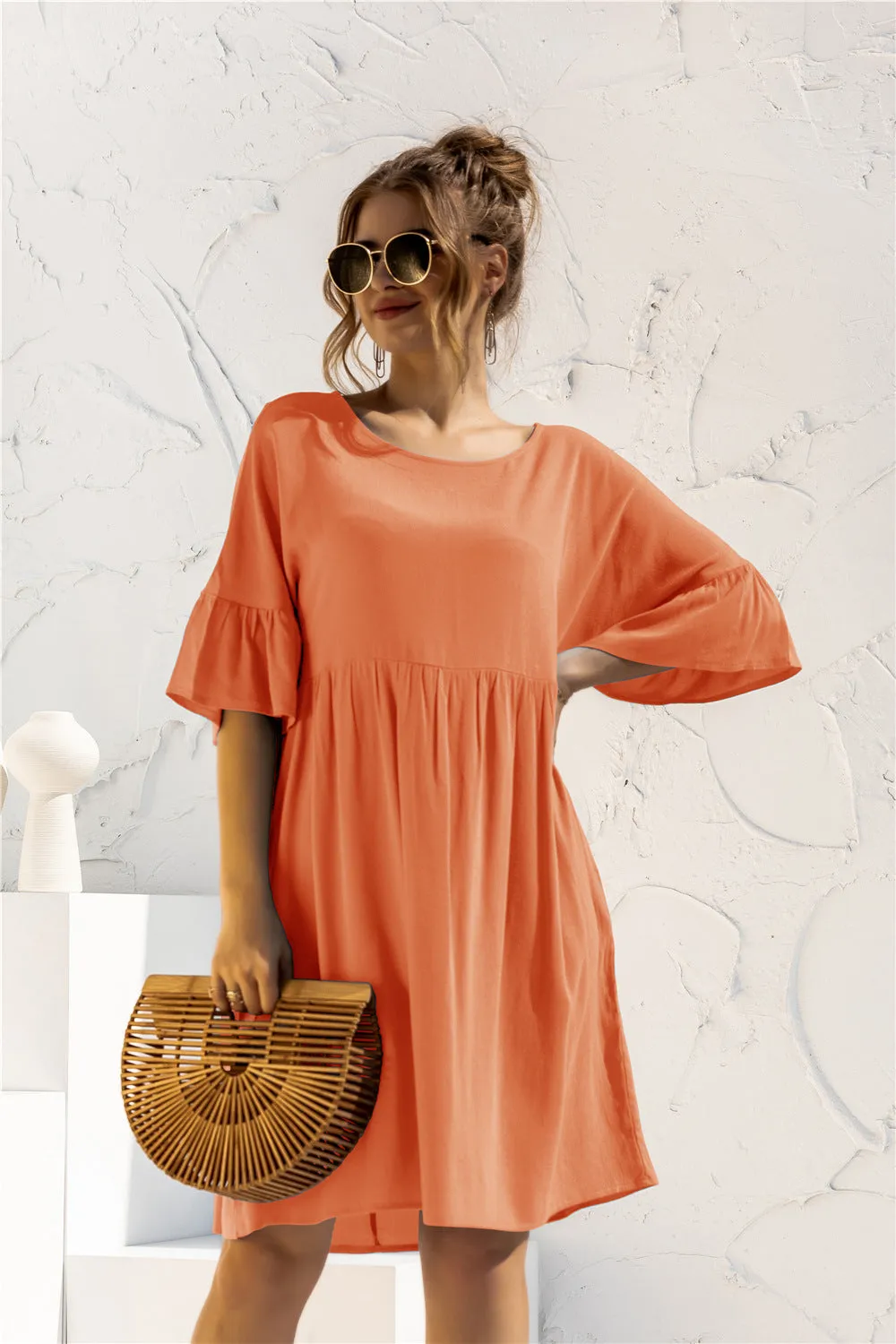 Boat Neck Flounce Sleeve Knee-Length Dress