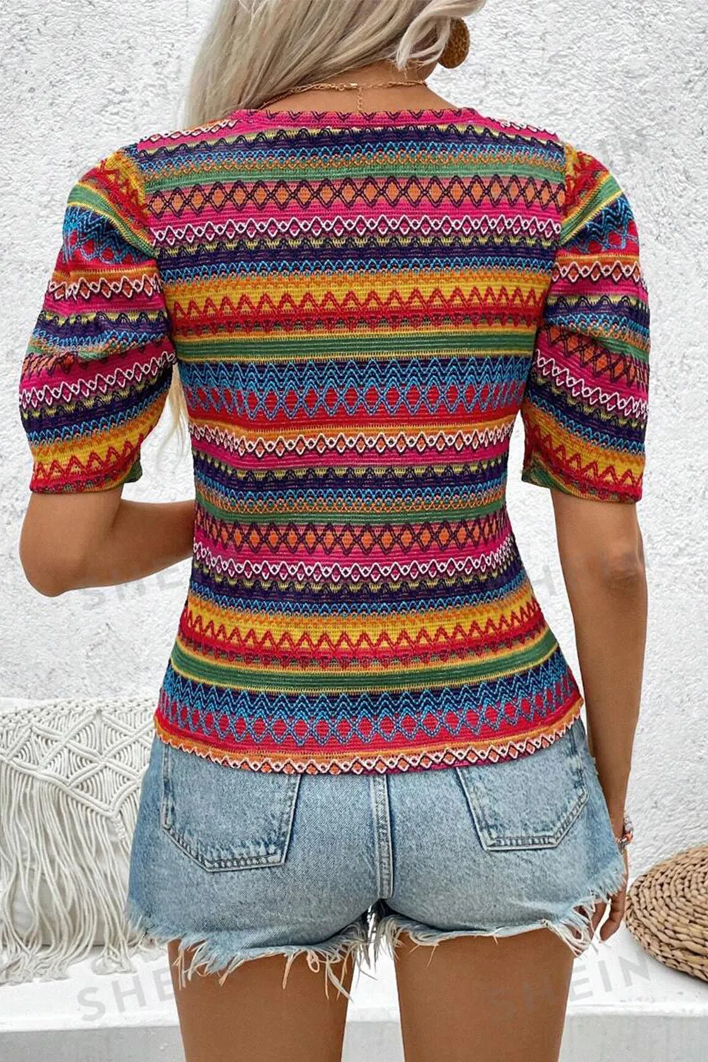 Boho Wavy Stripe Puff Sleeve T-Shirt