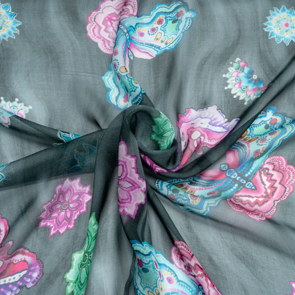 Butterfly & Floral Printed Dark Grey Silk Georgette