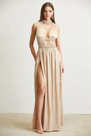 Champagne Rhinestone Trim Modern Cutout Dress