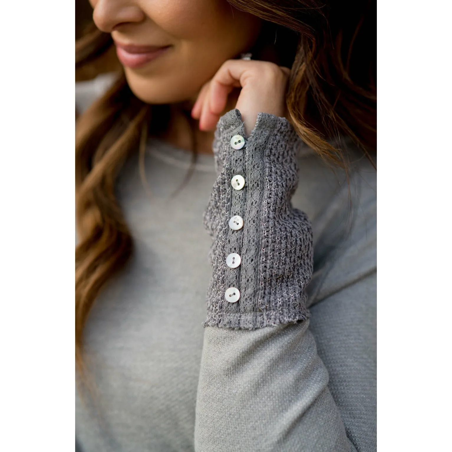 Chic Knitted Button Cuff Sweatshirt