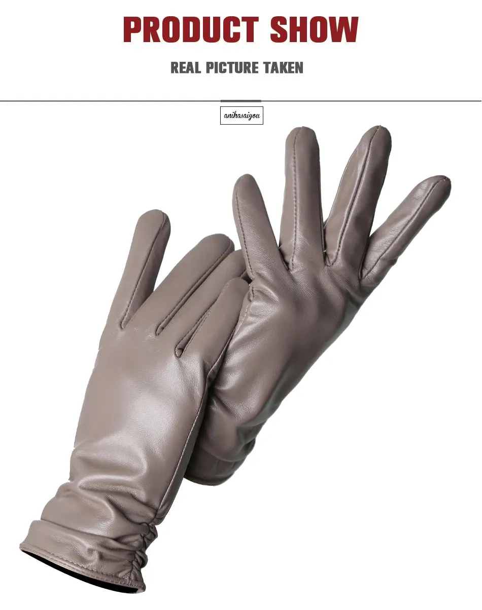 Classic pleated leather gloves women color real leather gloves women sheepskin Genuine Leather winter gloves women-2081