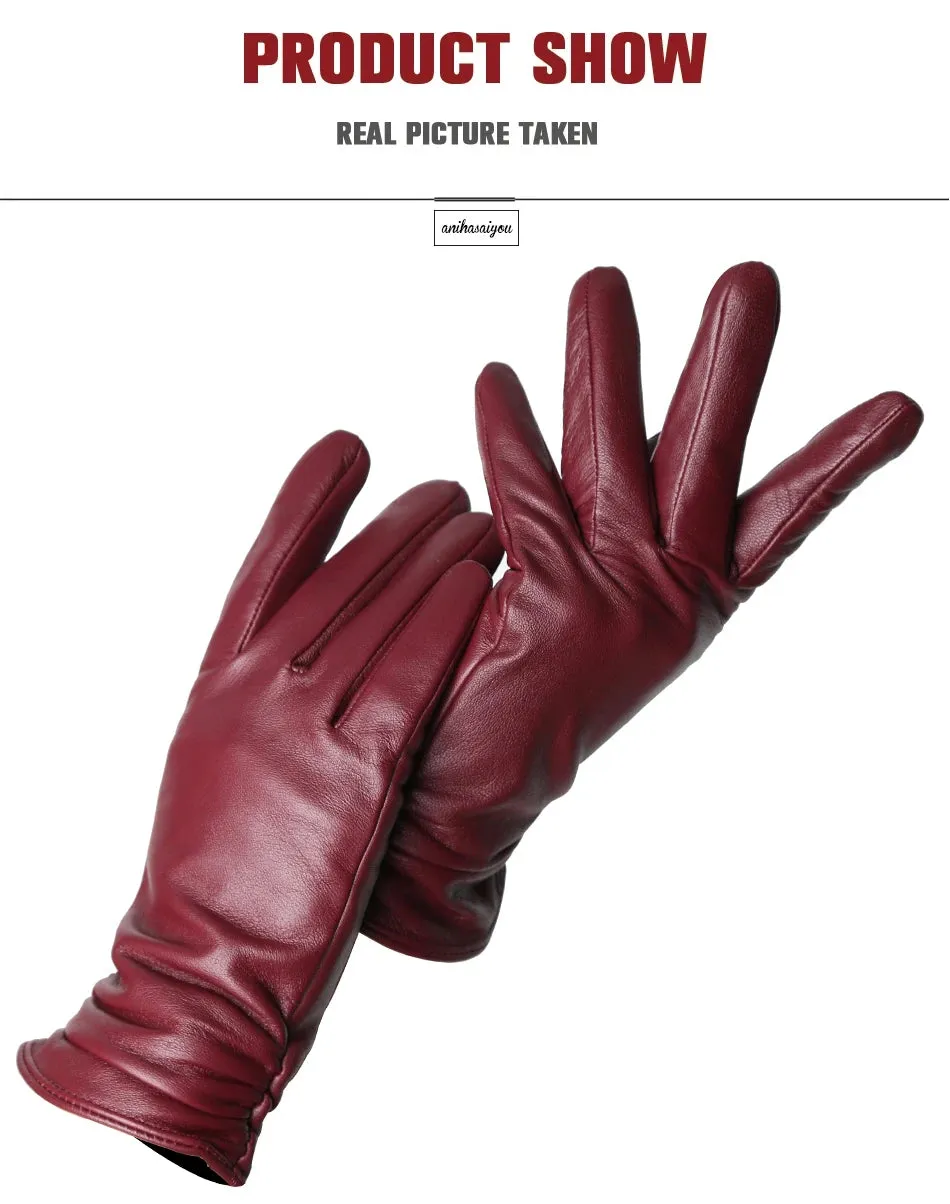 Classic pleated leather gloves women color real leather gloves women sheepskin Genuine Leather winter gloves women-2081