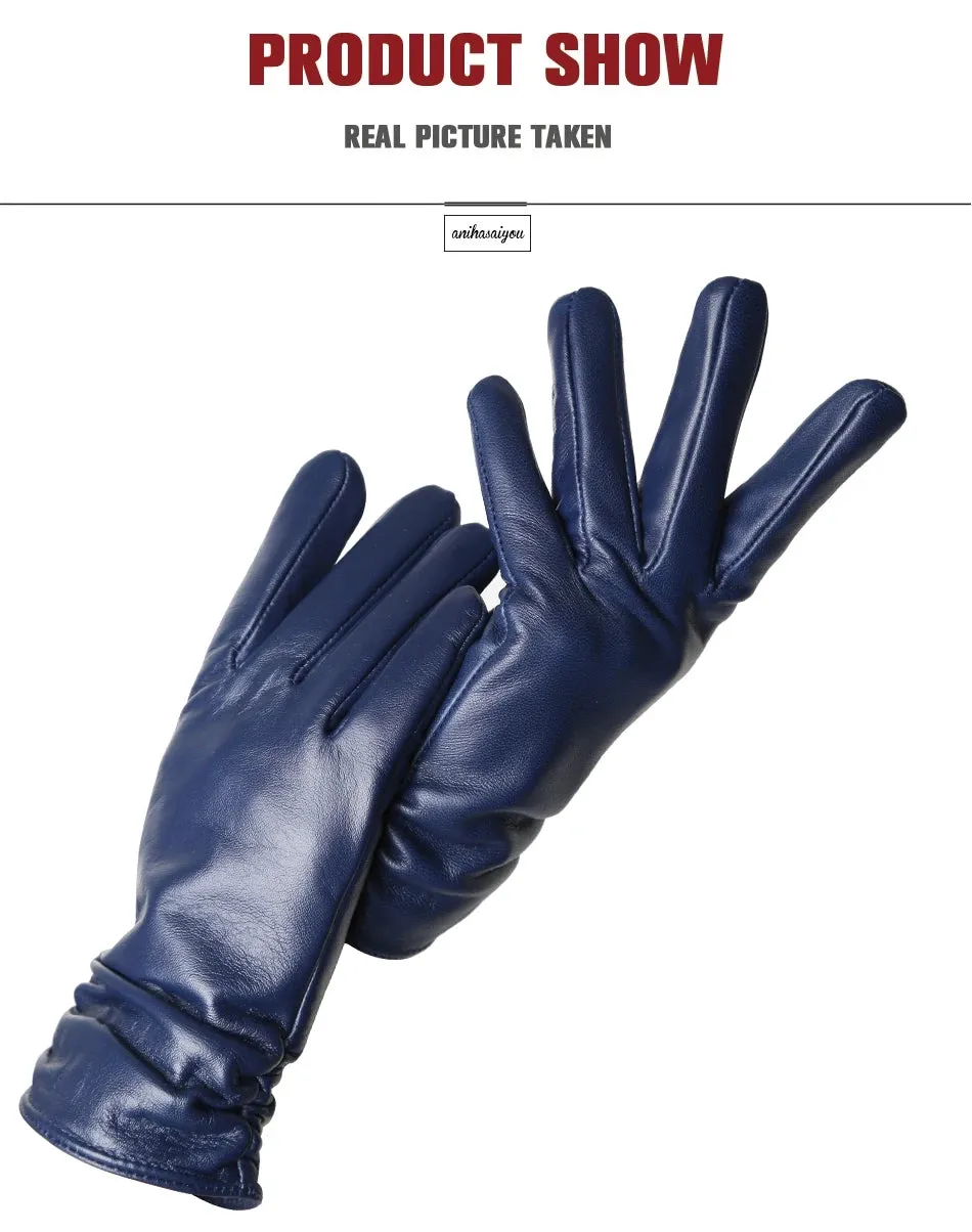 Classic pleated leather gloves women color real leather gloves women sheepskin Genuine Leather winter gloves women-2081