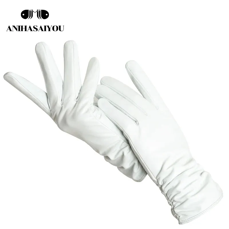 Classic pleated leather gloves women color real leather gloves women sheepskin Genuine Leather winter gloves women-2081