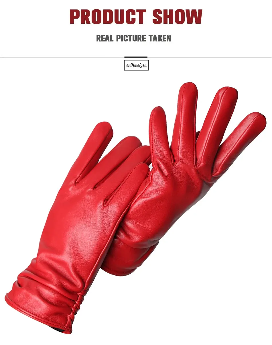 Classic pleated leather gloves women color real leather gloves women sheepskin Genuine Leather winter gloves women-2081