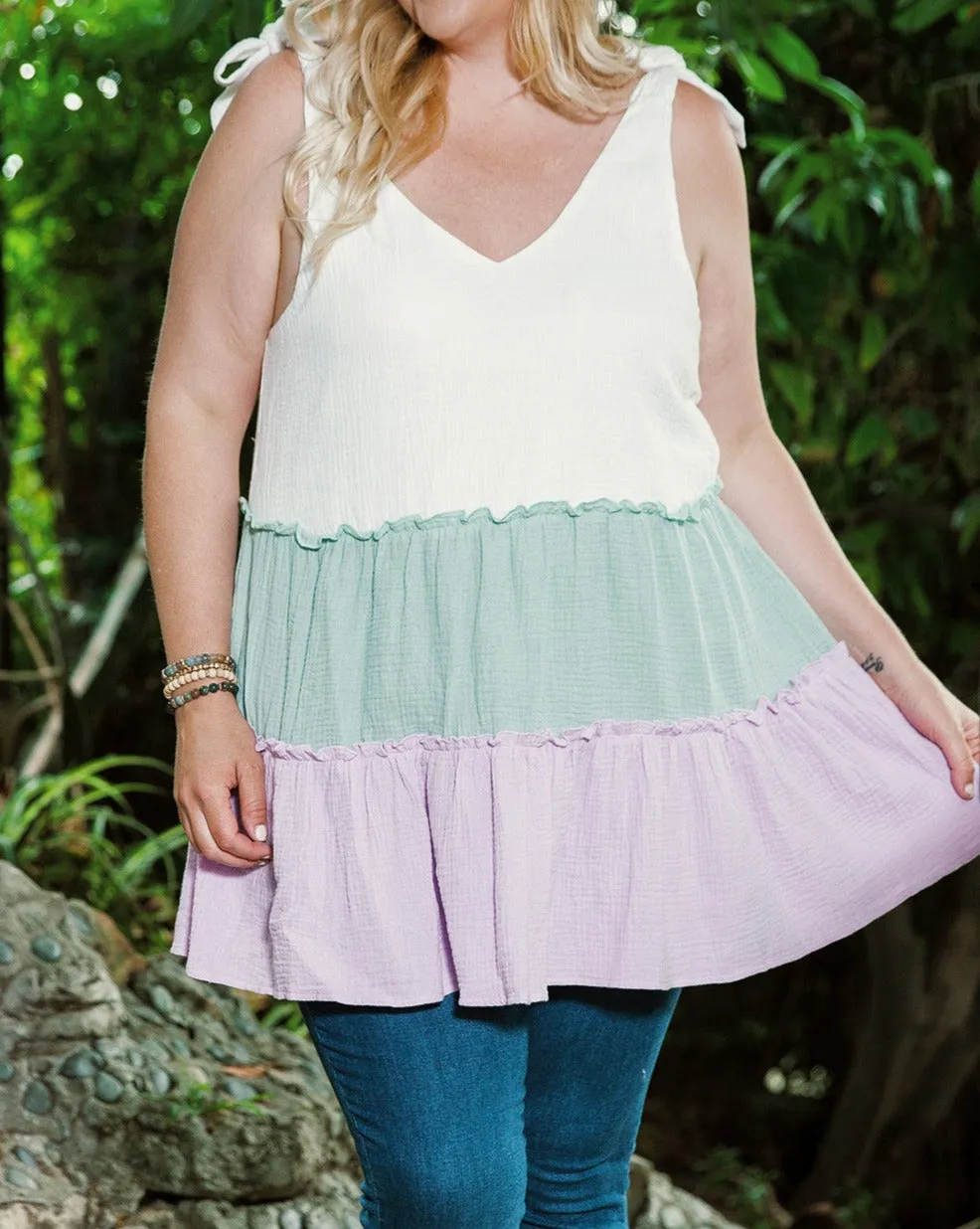 Colorblock Tiered Babydoll Top Plus Size