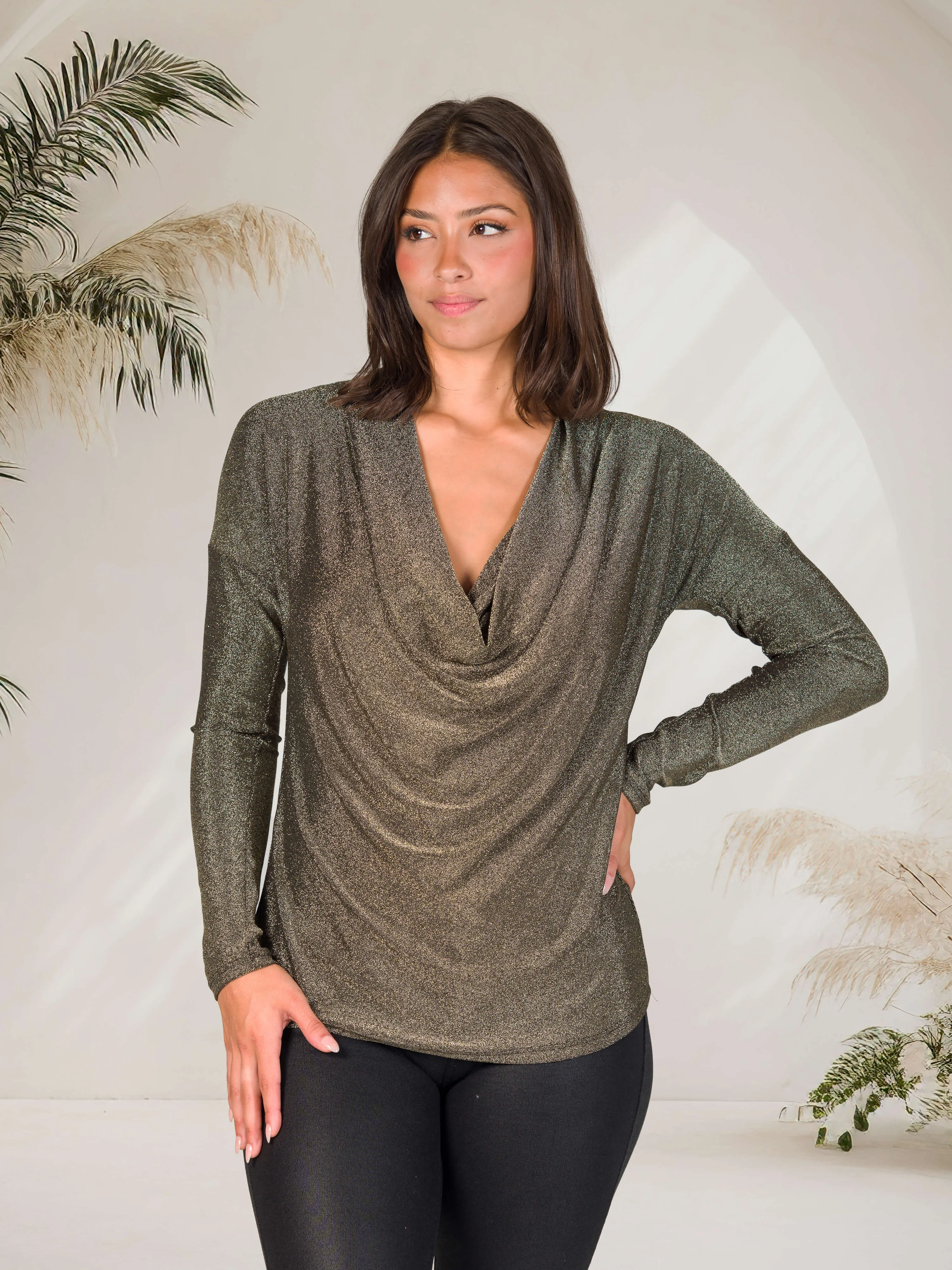 Cowl Neck Long Sleeve Shimmery Fabric Top