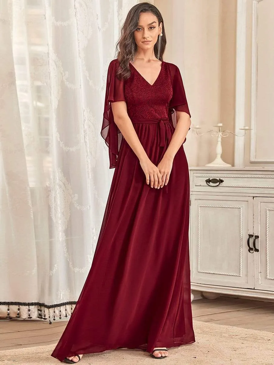 Deep V Neck Lace Bodice Long Flowy Evening Dress