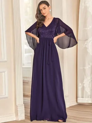 Deep V Neck Lace Bodice Long Flowy Evening Dress