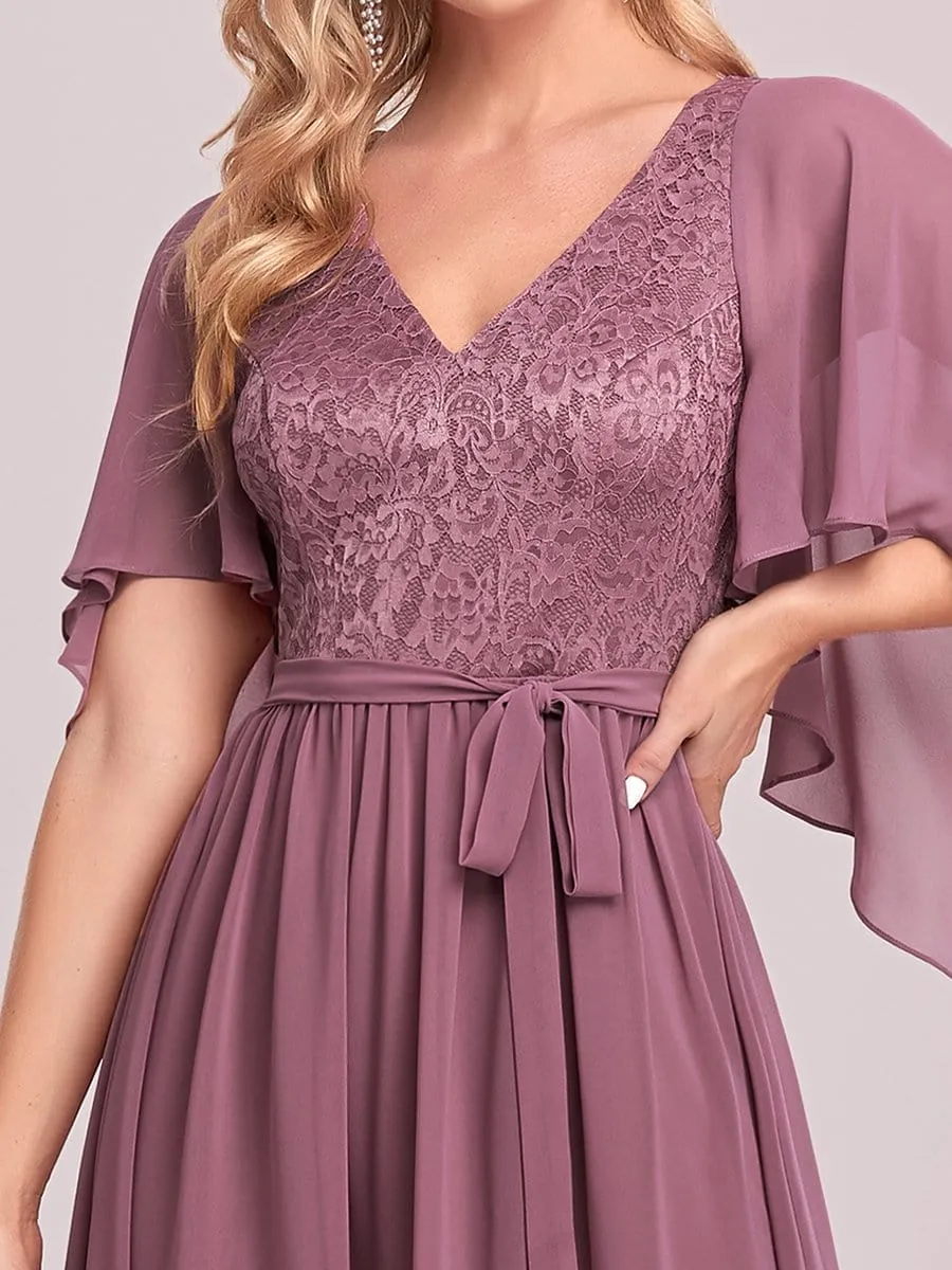 Deep V Neck Lace Bodice Long Flowy Evening Dress