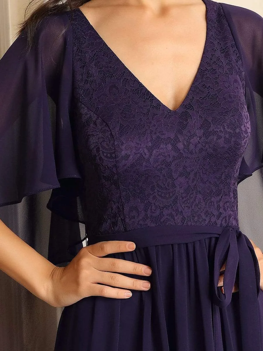 Deep V Neck Lace Bodice Long Flowy Evening Dress