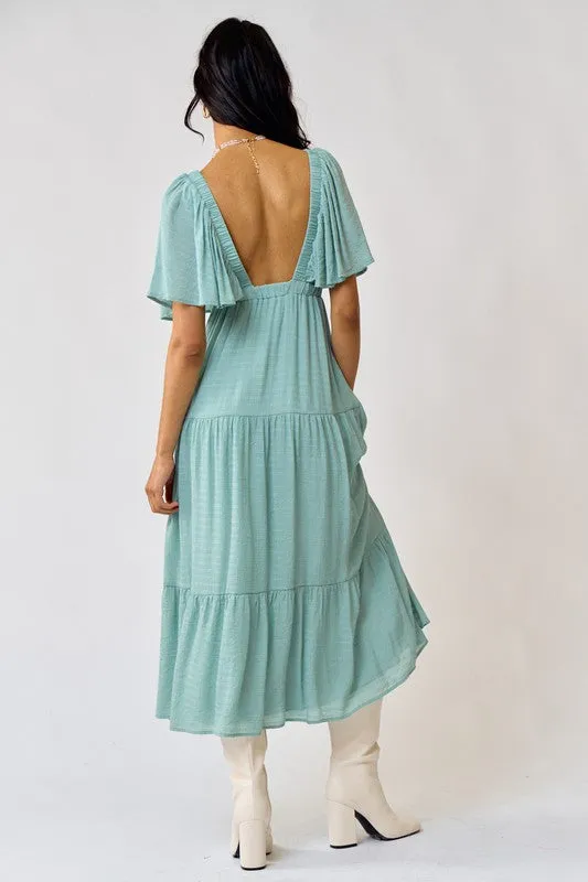 Dusty Sage Maxi Dress With Flutter Sleeves